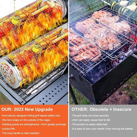 Image of Rolling Grilling Baskets for Outdoor round BBQ Stainless Steel Grill Basket Campfire Grid Rotation Barbecue Cylinder Cage Cooking Accessories Veggies Vegetable Fish Meat Food Campingcamping Picnic Cookware