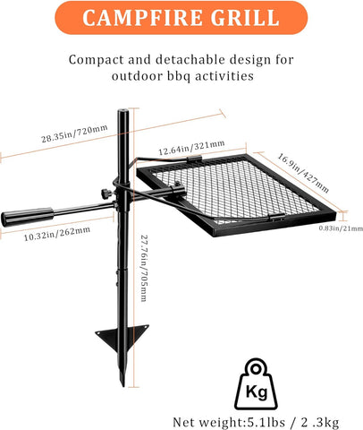 Image of Lingumir Adjustable Height Portable Charcoal Camping Grill with Grate - Barbecue for Outdoor Cooking Stand over Fire Pit, Campfire Grates Fit for Camping, Tailgating, Picnics, Backyard