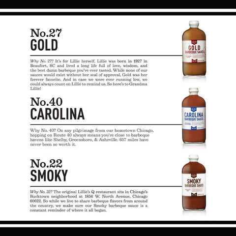 Image of Lillie’S Q - Barbeque Sauce Variety Pack, Gourmet BBQ Sauce Set, Made with Gluten-Free Ingredients, Includes Carolina BBQ Sauce (19 Oz), Gold BBQ Sauce (20 Oz) & Smoky BBQ Sauce (20 Oz) | 3-Pack