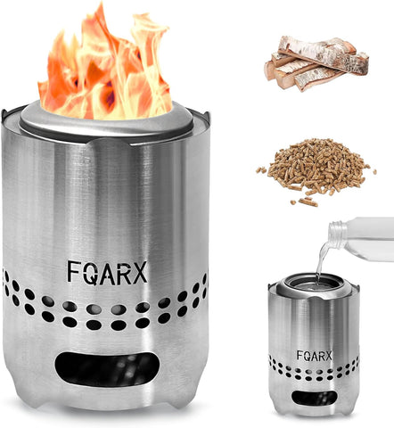 Image of FQARX Tabletop Fire Pit - Ethanol Fire Pit, Indoor & Outdoor Mini Portable Personal Fireplace, Fueled by Pellets or Wood or Ethanol, Stainless Steel, with Travel Bag