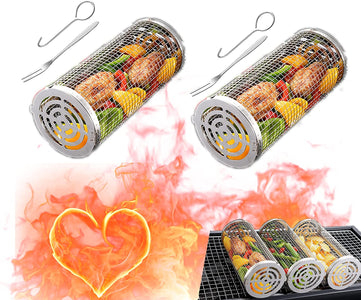 2 Pcs BBQ Rolling Grilling Basket for Outdoor Grill,Cylindrical Stainless Steel Grill Net for for Vegetables and Meat,Bbq Accessories Included（M-7.87X3.54X3.54 Inch）