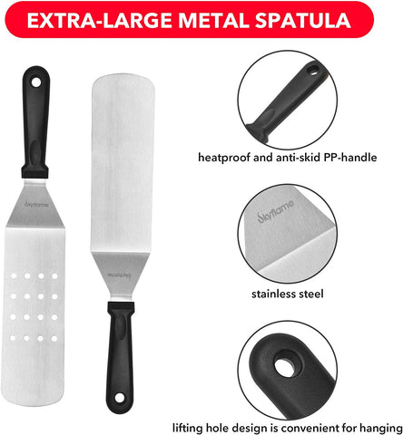 Image of Skyflame 3 Piece Griddle Accessories Kit, Stainless Steel Professional Long BBQ Grill Spatula/Turner & Scraper Set for Flat Top Grill Hibachi Camping Cooking