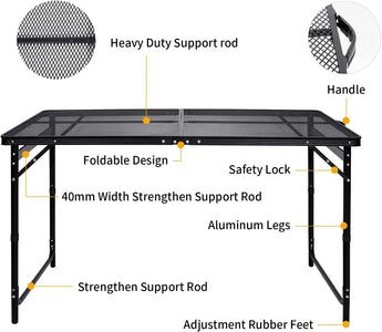 Moosinily Picnic Table 4Ft Grill Table Mesh Top Light Weight Portable Table with Carry Handle Adjustable Height Folding Camping Table for Outdoor Indoor Grill BBQ Travel Barbucue Beach RV Black