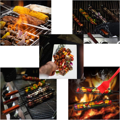 Image of Kabob Grilling Basket Grilling Skewers Nonstick Kabob Grill Baskets Set of 6 & 6 Barbecue Skewers,Grilling & BBQ Utensils, Grill Basket for Vegetables with Handle Grilling Baskets for Outdoor Grilling