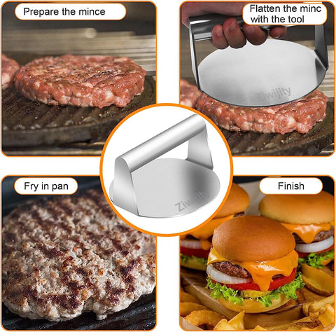 Image of Stainless Steel Burger Press, Heavy-Duty Bacon Grill Burger Smasher with Silicone Brush, Non Stick Grill Press for BBQ Flat Top Griddle Cooking, Hamburger Patty Maker, Rust-Free and Easy to Clean