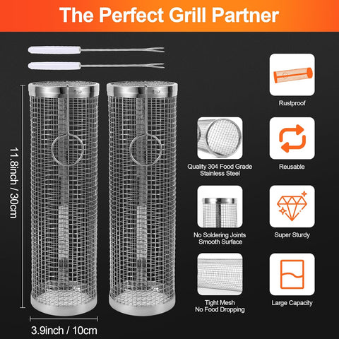 Image of "2PCS Grill Baskets - New-Upgrade Rolling BBQ Mesh for Outdoor Grilling -304 Stainless Steel Barbeque Accessories for Camping, Picnic, and Cookouts - Portable Baskets for Fish, Shrimp, Meat, Vegetables, and Fries - Full Size 12.20X7.87X3.93 Inch