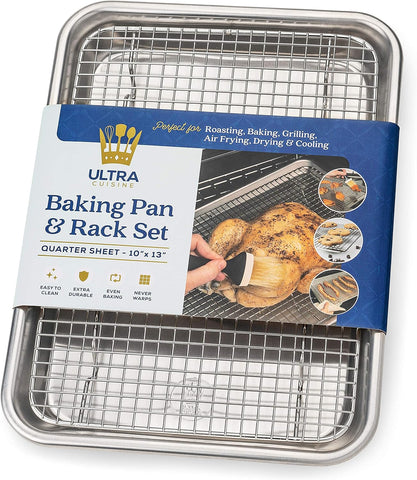 Image of Oven-Safe Baking Pan with Cooling Rack Set - Quarter Sheet Pan Size - Includes Premium Aluminum Baking Sheet and 100% Stainless Steel Baking Rack for Oven - Durable, Easy Clean, Commercial Quality