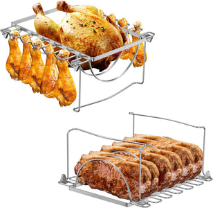 BMMXBI Foldable 3-In-1 Chicken Leg Rib Rack for Grill, Oven, Holds 12 Chicken Leg Wing, 6 Large Ribs, 1 Whole Chicken, Stainless Steel Rib Chicken Drumstick Roasting Racks Smoker Accessories