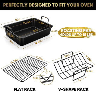 14-In Nonstick Turkey Roasting Pan with Rack Set, Joyfair Chicken Roaster Pan with Flat Rack & Removable V-Rack, Heavy Duty Rectangular Oven Bakeware with Non-Toxic Coating, Easy Releasing & Cleaning