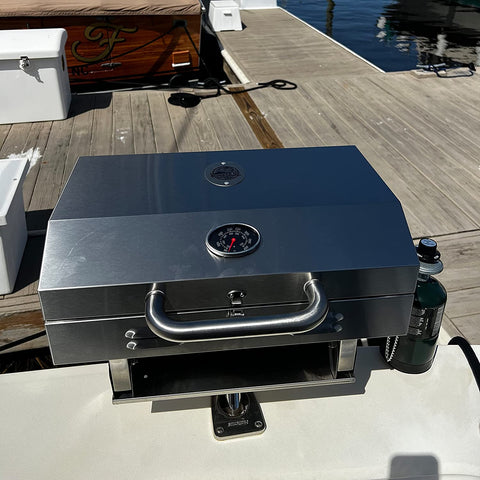 Image of Boat Grill with Mount - Portable Propane Gas BBQ - Grills Secure into Rod Holder | Adjustable Legs for Table Top Use | Stainless Steel Marine Stove -Great Outdoor Barbecue