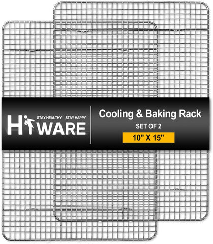 Image of Hiware 2-Pack Cooling Racks for Baking - 10" X 15" - Stainless Steel Wire Cookie Rack Fits Jelly Roll Sheet Pan, Oven Safe for Cooking, Roasting, Grilling