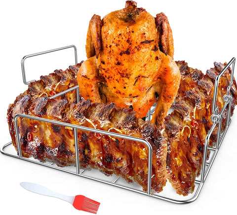 Image of RUSFOL Beercan Chicken Roaster and Rib Rack with a Silicone Oil Brush, Square Stainless Steel BBQ Stand for Smoker,Oven and Grill, Cook up to 4 Ribs and a Whole Chicken at a Time