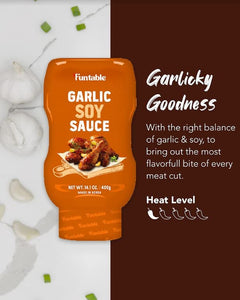 Funtable Garlic Soy Sauce (14.1Oz, Pack of 1) - Korean Authentic Garlic Flavored Sweet Sauce, Low-Calorie. Ideal for Dipping, Marinating, & Seasoning, Korean Bulgogi, Meats, & Grilled Dishes.