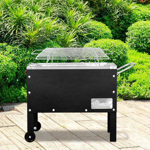 Grillcorp Caja China JUNIOR, Stainless Steel with Folding Legs Grill, Roasting Box - 2 in 1 System, Stainless Steel Grill, China Box Grill with Front Wheels, Black