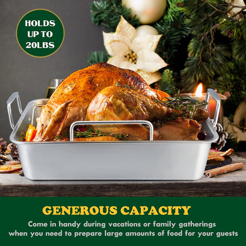 Image of Roasting Pan, E-Far 16 X 11.5 Inch Stainless Steel Turkey Roaster with Rack - Deep Broiling Pan & V-Shaped Rack & Flat Rack, Non-Toxic & Heavy Duty, Easy Clean & Dishwasher Safe - Large