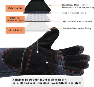 Welding Gloves Grey 16 Inches,932℉,Heat Resistant Leather Forge/Mig/Stick Heat/Fire Resistant, Mitts for Oven/Grill/Fireplace/Furnace/Stove/Pot Holder/Bbq/Animal Handling