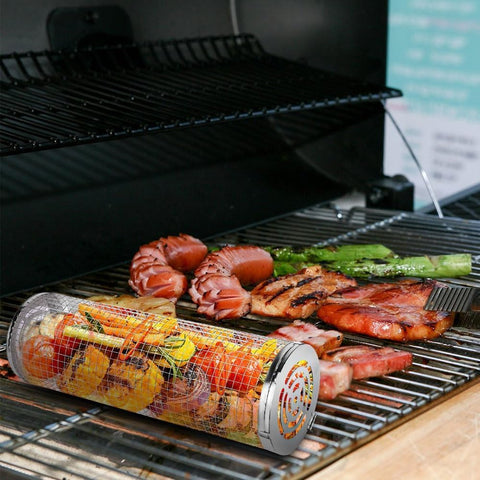Image of Rolling Grilling Baskets for Outdoor round BBQ Stainless Steel Grill Basket Campfire Grid Rotation Barbecue Cylinder Cage Cooking Accessories Veggies Vegetable Fish Meat Food Campingcamping Picnic Cookware