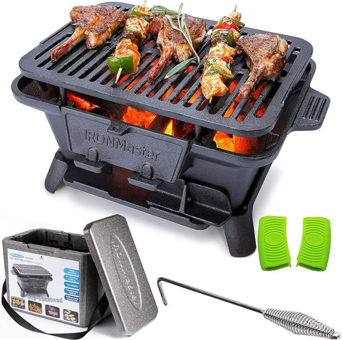 Image of Ironmaster Hibachi Grill Outdoor, Small Portable Charcoal Grill, 100% Pre-Seasoned Cast Iron, Japanese Yakitori Camping Grill - 2 Heights, Air Control, Coal Door + Carrying Case