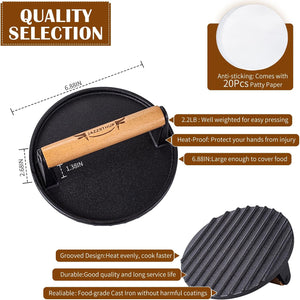 Jazzsthup Smash Burger Press, 6.88" round Bacon Press with Wood Handle, Perfect Hamburger Press Patty Maker, Food-Grade Cast Iron Burger Smasher for Griddle Incl. 20Pcs Patty Paper
