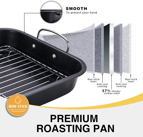 Image of HONGBAKE Small Roasting Pan with Flat Rack, Nonstick Chicken Roaster Tray, Mini Oven Pans for Cooking Lasagna with Stainless Steel Handles, 16 X 11Inch