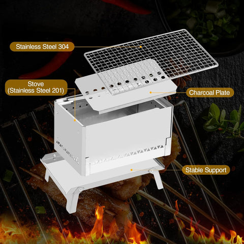 Image of REDCAMP Portable Fire Pit Camping Charcoal Grill, Foldable 304 Stainless Steel Grate BBQ Grill for Outdoor Camping Cooking Picnic