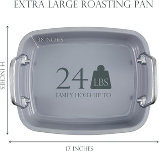 KITESSENSU Nonstick Turkey Roasting Pan with Rack 17 X 14 Inch - Large Chicken Roaster Pan for Oven - Wider Handles & Heavy Duty Construction - Suitable for 24Lb Turkey, Cream