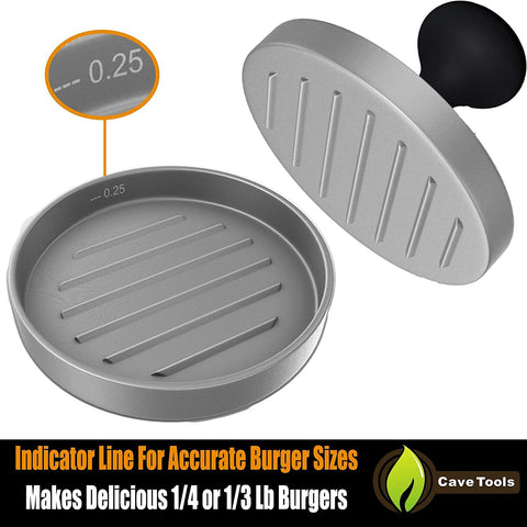 Image of Cave Tools Burger Press - Perfectly Formed Hamburger Maker - Includes 200 Non Stick Patty Papers for Making 1/4 Lb or 1/3 Lb Stuffed Pocket Burgers - Aluminum Presser