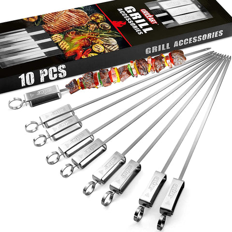Image of GRILLART Kabob Skewers for Grilling - Metal Skewers for Kabobs with Slider - Flat BBQ Skewers Stainless Steel - 17" Shish Kabob Grill Skewers & Ideal Kabob Sticks for Meat Shrimp Chicken Veggie(10Pcs)