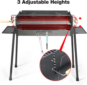 Lineslife Portable Charcoal Grill, Extra Large Outdoor BBQ Grill with Oversize Cooking Area Offset Smoker, Black Barbecue Grill with 3 Adjustable Heights, 2 Foldable Side and Material Tables