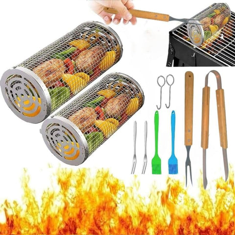 Image of Rolling Grilling Baskets for Outdoor Grill, 2 Piece Large round Barbecue Baskets, Rolling Grill Basket Grid with Tongs and Fork, Portable BBQ 304 Stainless Steel Basket for Meat Veggies Shrimp Fish