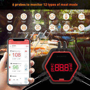 6 Probes Bluetooth Grill Thermometer IBT-6XS & Instant Fast Read Meat Thermometer IHT-1P, Rechargeable Wireless Meat Thermometer with Timer Alarm Magnet for Food, Kitchen, Outdoor Cooking