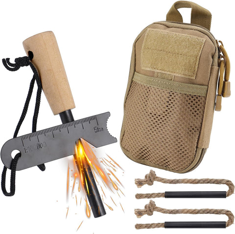 Image of Fire Starter Survival Tool, Fire Starter Kit Includes Magnesium Rod Steel Striker, 2 Pcs Wick Hemp Rope & Multifunctional Outdoor Bag / 50 Pcs Wax-Soaked Fire Plugs, Fire Starters for Campfires