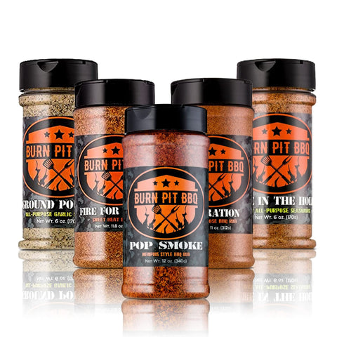 Image of Burn Pit Bbq'S Variety Pack - Fire for Effect Sweet Heat, All Ration All-Purpose BBQ Rub, Pop Smoke Memphis Style Rub, Fire in the Hole and Ground Pounder All-Purpose Garlic Seasoning.
