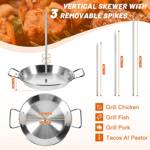 Image of Vertical Skewer Al Pastor Skewer Stainless Steel Vertical Skewer with Removable Size Spikes, 8, 10 and 12 Inch for Oven Shawarma Kebabs BBQ Dishes (1 Set)