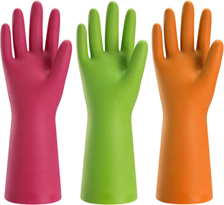 3 Pairs Rubber Cleaning Gloves for Household - Reusable Dishwashing Gloves for Kitchen, Flexible Durable & Waterproof (Medium, Green+Red+Orange)