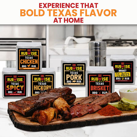Image of Texas Style BBQ Rub Gift Set by Rubwise|Meat Dry Rub Spices and Seasoning Sets Variety Pack|Smoking & Grilling Gifts for Men|6 X 1Lb Bags|Barbecue Spice Kit for Pork, Beef, Chicken, Turkey|Shaker Included