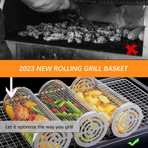 2PCS Flip-Top round Grill Basket - Rolling Baskest for Outdoor Grilling, Stainless Steel Wire Mesh for Fish, Shrimp, Meat, Veggies, and Fries Portable, BBQ Accessories for Camping Parties