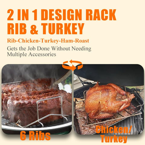 Image of Thanksgiving Turkey Roasting Rack Cooker for Big Green Egg, Stainless Steel Rib Racks for Smoking, Turkey Roaster Racks for Roasting Pan, for Big Green Egg, Kamado Joe, Char-Griller Akorn, Etc