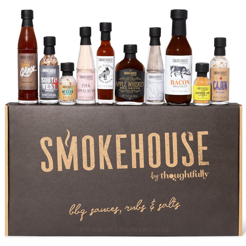 Image of Smokehouse by Thoughtfully, Ultimate BBQ Sampler Set, Vegan and Vegetarian, Includes a Variety of Flavorful USA Made BBQ Sauces, Rubs, and Salts for Smoking and Grilling in Sample Size Glass Bottles