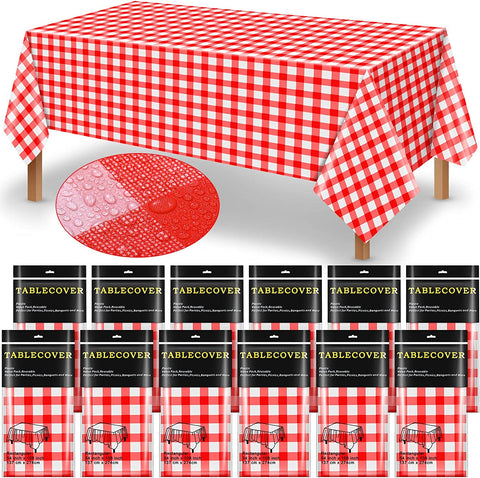 Image of Chumia 12 Pieces Plastic Checked Picnic Tablecloth Rectangle Disposable Gingham Table Cloth 54 X 108 Inch 8 Foot Waterproof Camping Table Covers for Barbecue Holiday Birthday Parties (Red Checkered)