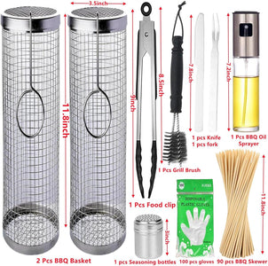 BBQ Net Tube,Grill Basket Stainless Steel with Food Clip,Bbq Oil Sprayer,Grill Brush,Seasoning Bottles, BBQ Skewer More Outdoor Cooking Barbecuers Tools(Basket 11.8‘’(2Pcs)+Tools)