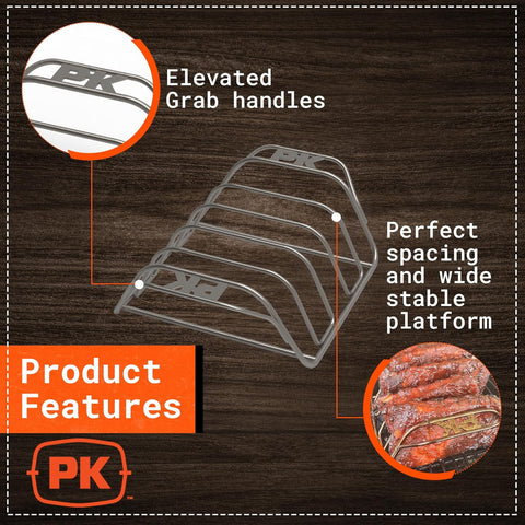 Image of PK Grills Stainless Steel BBQ Rib Rack for Grilling, Smoking, & Roasting, Barbecue Grill Oven Accessories, PKUA-RR-SS