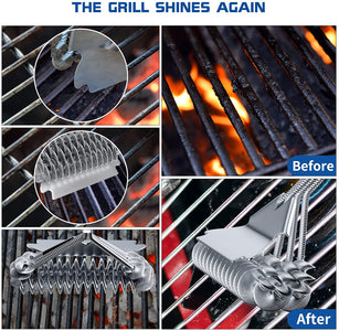 Grill Brush and Scraper Bristle Free, Grill Brush for Outdoor Grill, 17" Stainless Steel BBQ Brush for Grill Cleaning, Grill Accessories Gifts for Men, Hooks Included