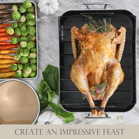 Image of KITESSENSU Hard Anodized Nonstick Roasting Pan with Rack - 16 X 12 Inch Aluminum Turkey Roaster Baking Pan for Oven - Oven Safe & Compatible with All Stovetops, Silver
