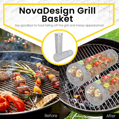 Image of Rolling Grilling Basket - Heavy-Duty Stainless Steel - Grill Basket – Grill Vegetable Basket - BBQ Grill Accessories for Outdoor Cooking of Veggie, Shrimp, Meat, Fish and More