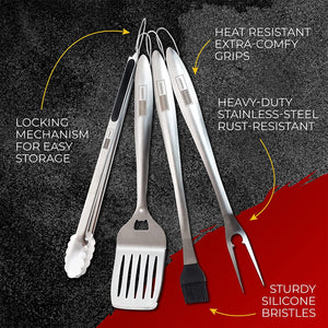 Legends Market BBQ Tools Grill Tools Set with Grill Tongs, Spatula, Forks, Brush - Stainless Steel Grill Kit Grilling Utensils Set - Perfect BBQ Grill Accessories for Outdoor - Gifts for Dad - 4 PCS