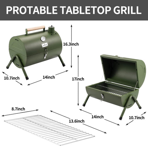 Image of Portable Charcoal Grill, Tabletop Outdoor Barbecue Smoker, Small BBQ Grill for Outdoor Cooking Backyard Camping Picnics Beach by DNKMOR GREEN
