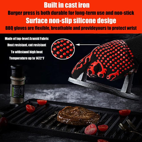 4 Piece Griddle Accessories Kit for Blackstone- 12'' Cheese Melting Dome Stainless Steel with 7'' Burger Bacon Press and 2 Pcs BBQ Heat Resistant Gloves for Flat Top Griddle Grill Indoor Outdoor