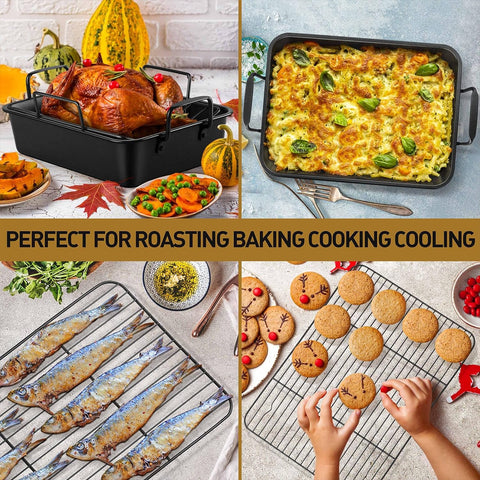 Image of Large Roasting Pan with Rack Set of 3, P&P CHEF 15¼" Turkey Roaster Pan & V-Shape Baking Rack & Cooling Rack for Chicken Rib Lasagna Cookie, Nonstick Coating & Stainless Steel Core, Sturdy & Healthy