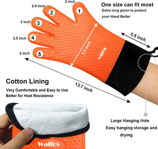 Grilling Gloves - Heat Resistant Silicone Oven Mitt, Premium Non-Slip Silicone Internal Protective Cotton Layer, Waterproof, Great for Grilling, Kitchen and Cooking (Orange)
